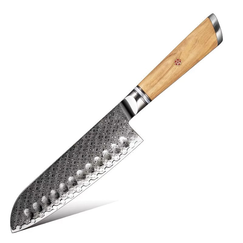 Kensei Damascus Steel Knife Set - 7 Piece Collection with Sharpener Rod & Olive Wood Handles