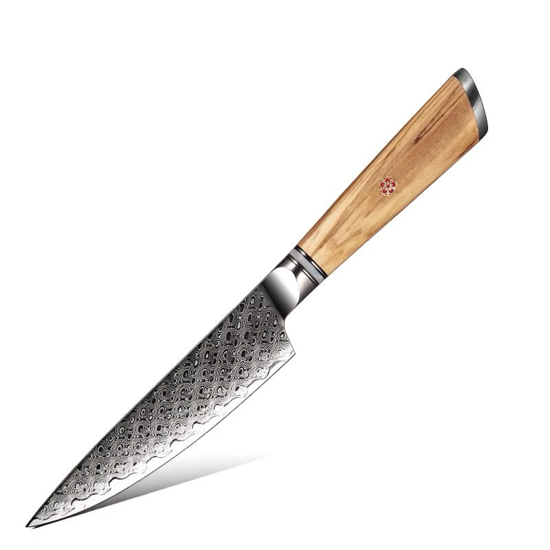 Kensei Damascus Steel Knife Set - 7 Piece Collection with Sharpener Rod & Olive Wood Handles