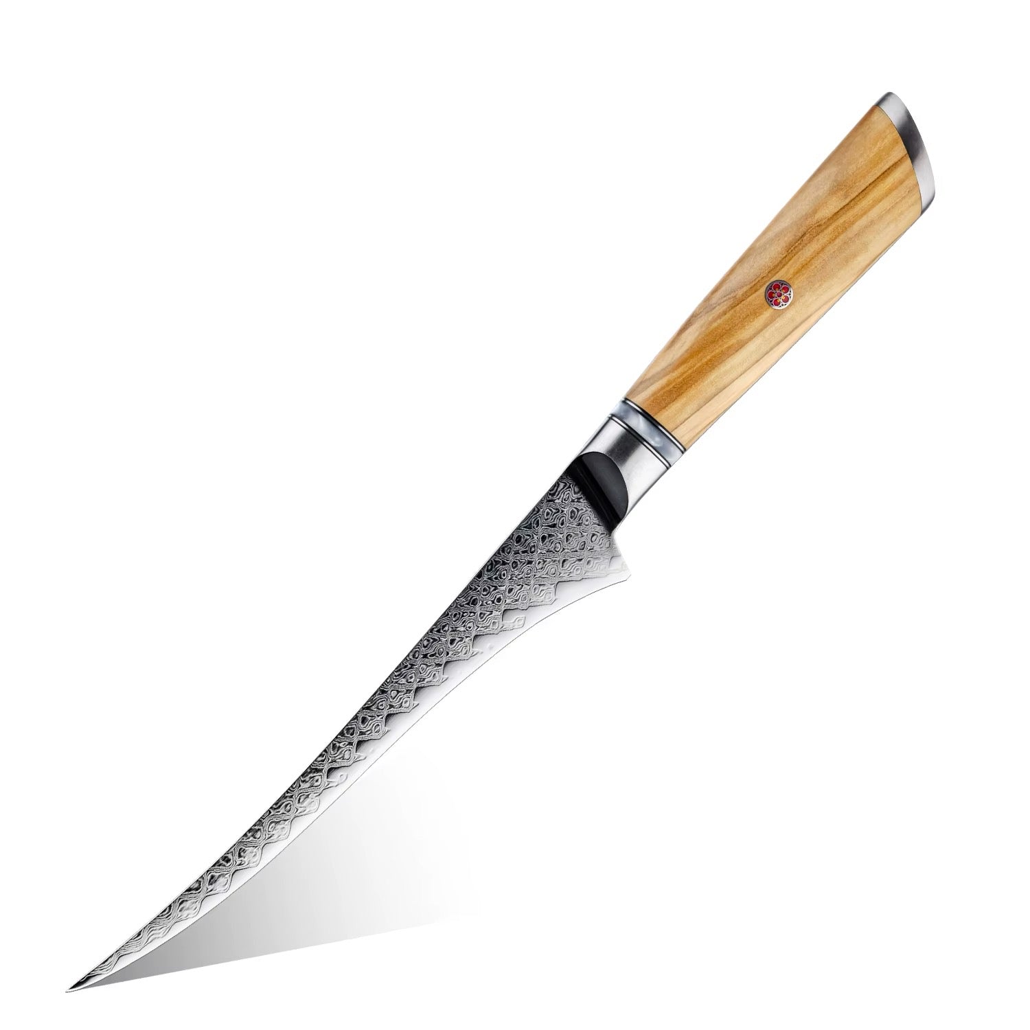 Kensei Damascus Steel Knife Set - 7 Piece Collection with Sharpener Rod & Olive Wood Handles