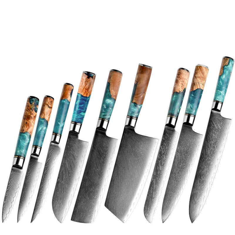 Set of knives with turquoise and wood handles on a white background