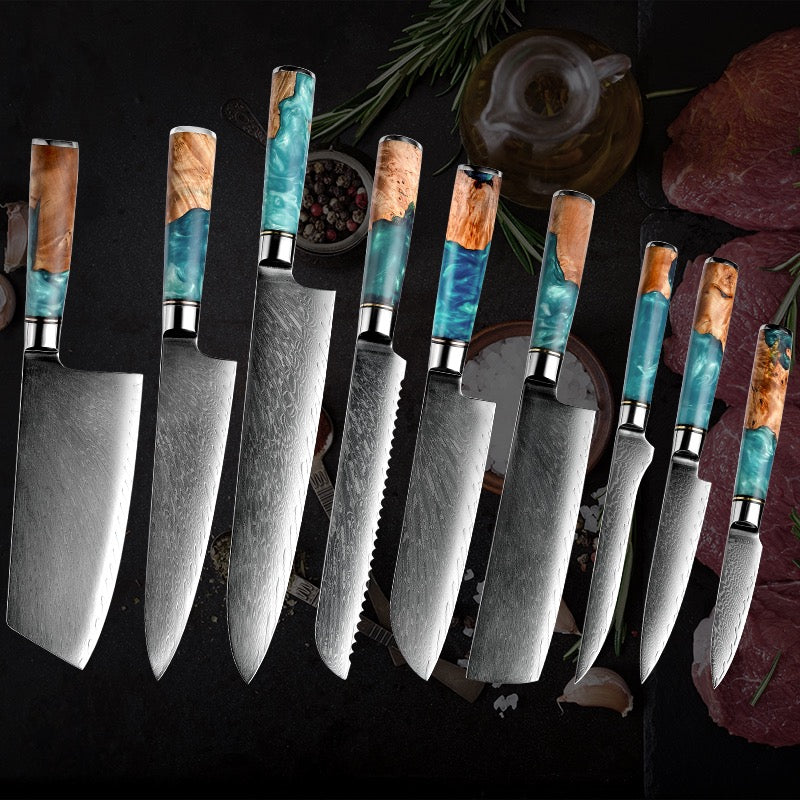Damascus Steel Knife Set 9 Piece - Blu Blossom Blue Resin Wood Handle Kitchen Knives