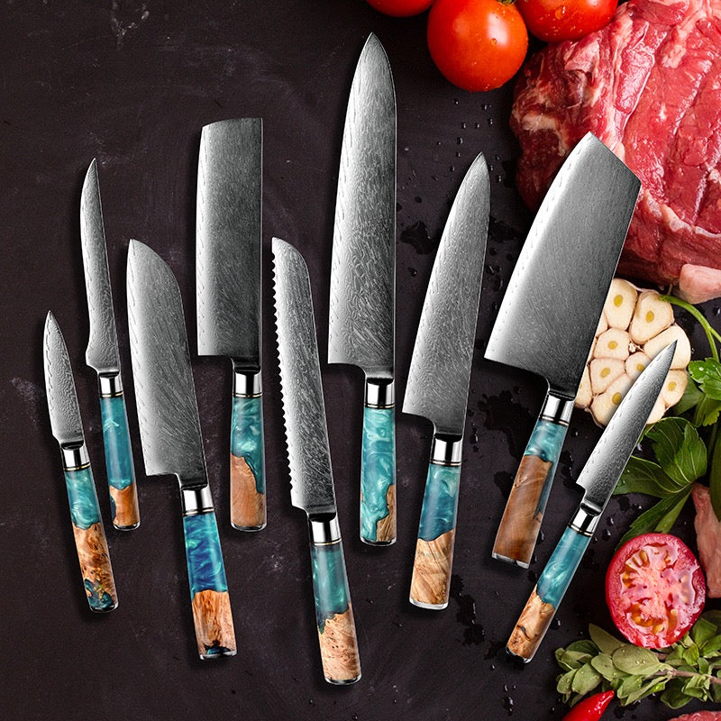 Damascus Steel Knife Set 9 Piece - Blu Blossom Blue Resin Wood Handle Kitchen Knives