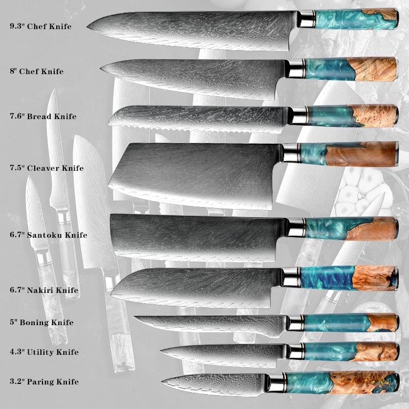 Damascus Steel Knife Set 9 Piece - Blu Blossom Blue Resin Wood Handle Kitchen Knives