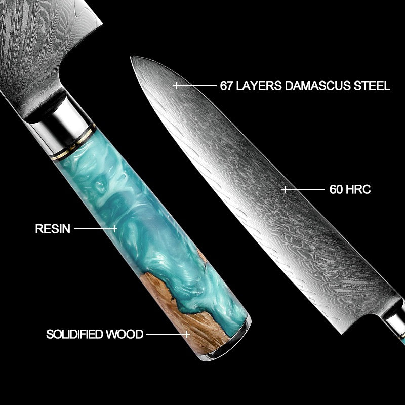 Damascus Steel Knife Set 9 Piece - Blu Blossom Blue Resin Wood Handle Kitchen Knives