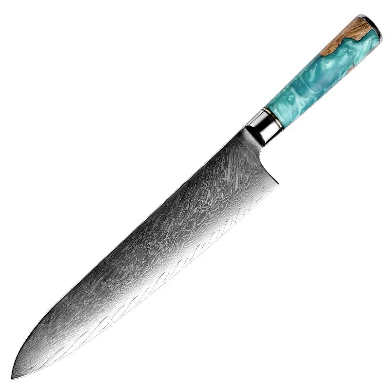 Chef's knife with a turquoise handle on a white background