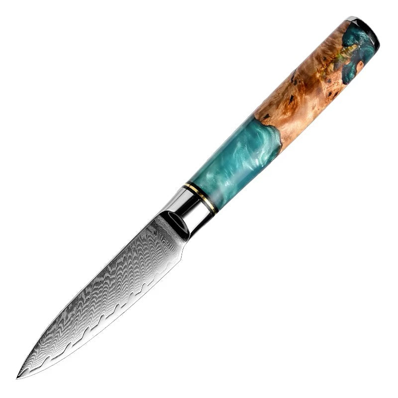 Decorative knife with a wooden handle featuring turquoise and brown colors on a white background