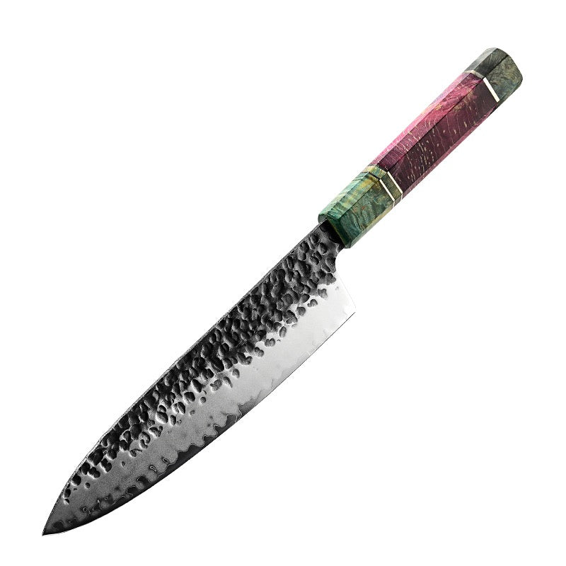 Decorative chef's knife with a multicolored handle on a white background