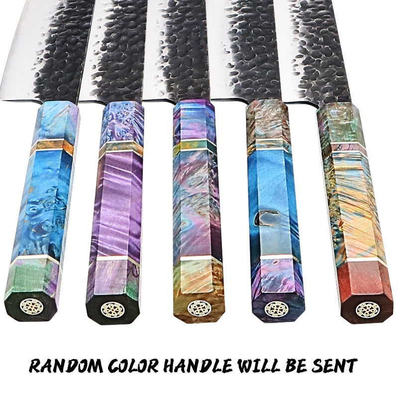 Set of knives with colorful handles on a white background