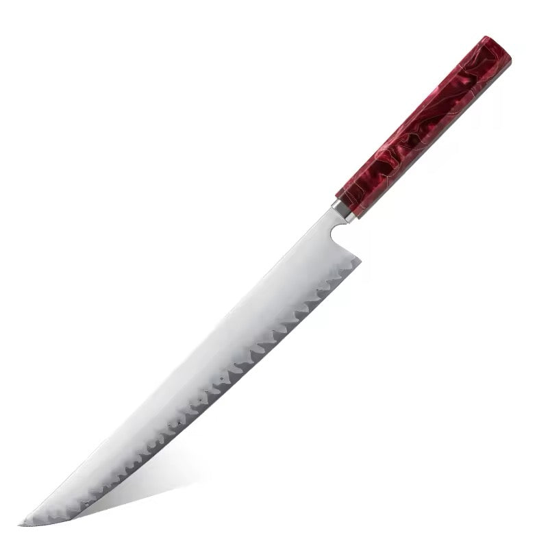 Long knife with a red handle on a white background