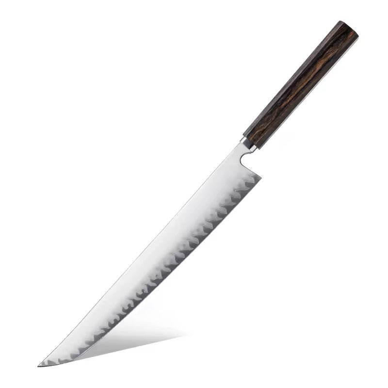 Serrated knife with a wooden handle on a white background