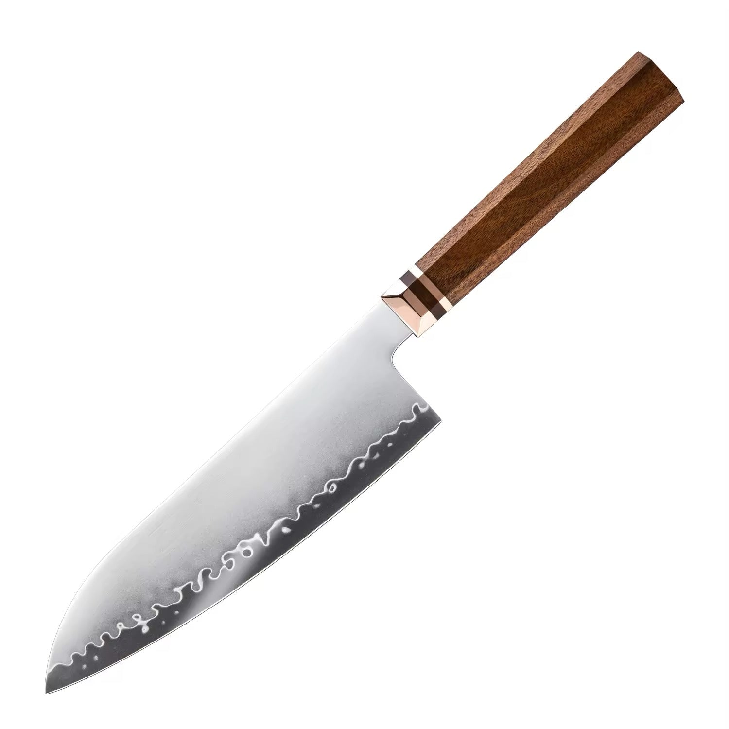 Serrated knife with a wooden handle on a white background