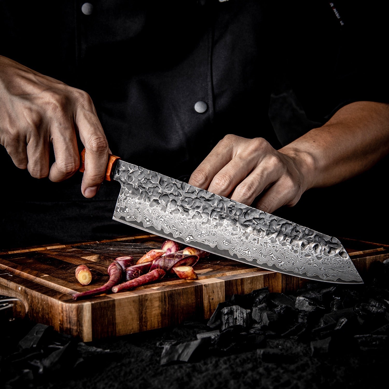 Damascus Kiritsuke Knife 190mm - Akai VG-10 Steel Carbon Wood Handle