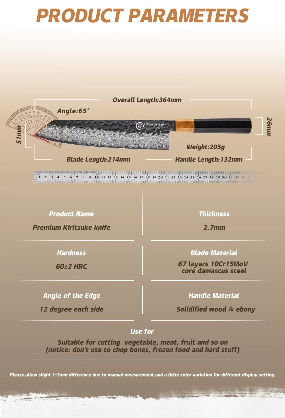 Damascus Kiritsuke Knife 190mm - Akai VG-10 Steel Carbon Wood Handle