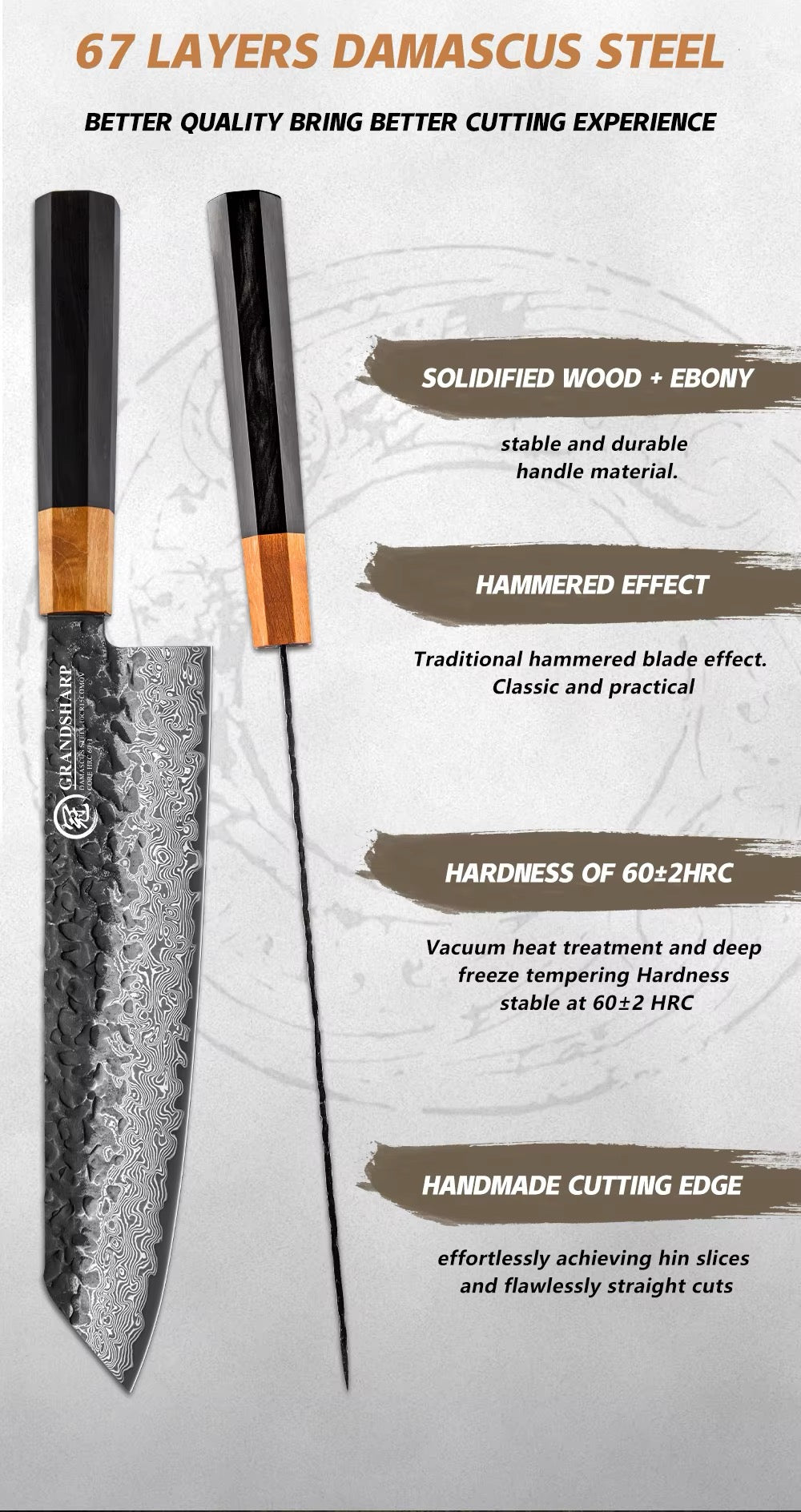 Damascus Kiritsuke Knife 190mm - Akai VG-10 Steel Carbon Wood Handle