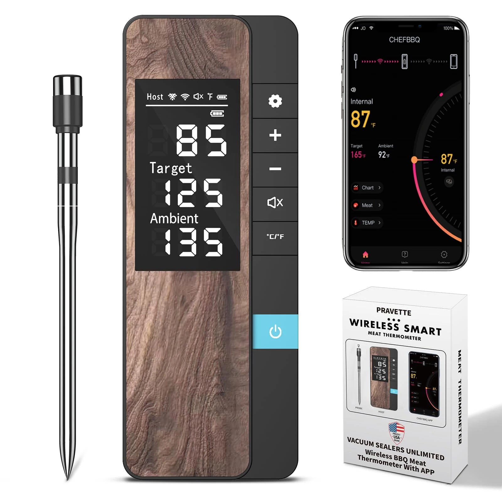 Wireless Meat Thermometer Digital Bluetooth Probe Thermometer Rechargeable with LCD Screen & Mobile APP for BBQ Oven Rotisserie