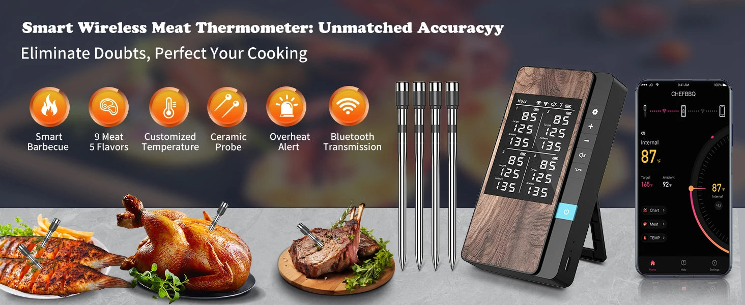 Wireless Meat Thermometer Digital Bluetooth Probe Thermometer Rechargeable with LCD Screen & Mobile APP for BBQ Oven Rotisserie