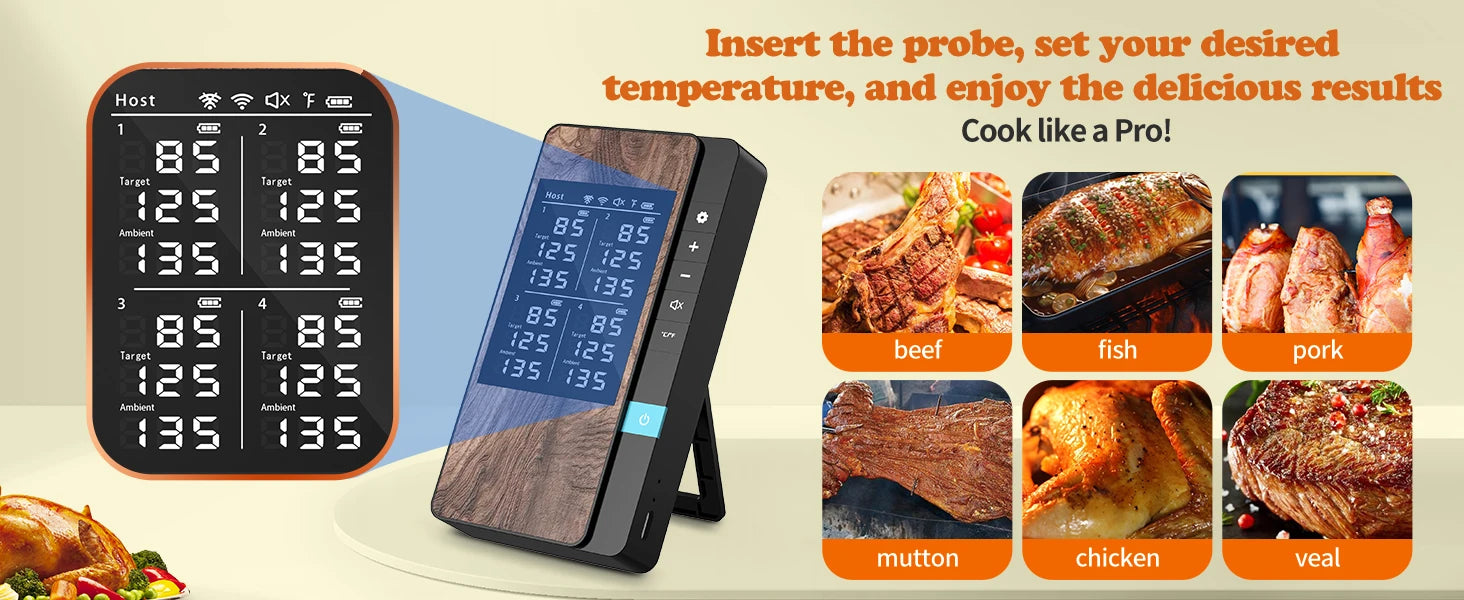 Wireless Meat Thermometer Digital Bluetooth Probe Thermometer Rechargeable with LCD Screen & Mobile APP for BBQ Oven Rotisserie