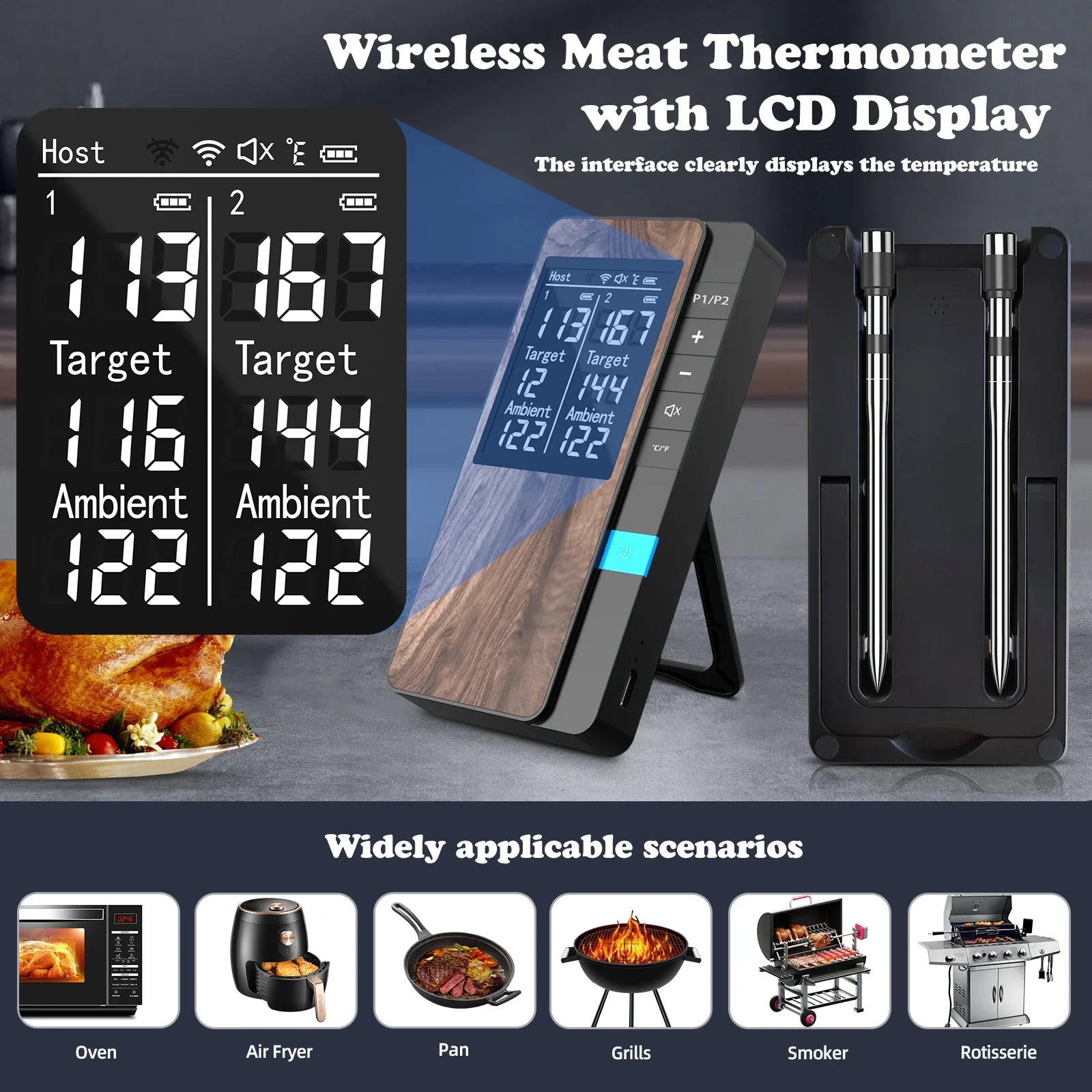 Wireless Meat Thermometer Digital Bluetooth Probe Thermometer Rechargeable with LCD Screen & Mobile APP for BBQ Oven Rotisserie