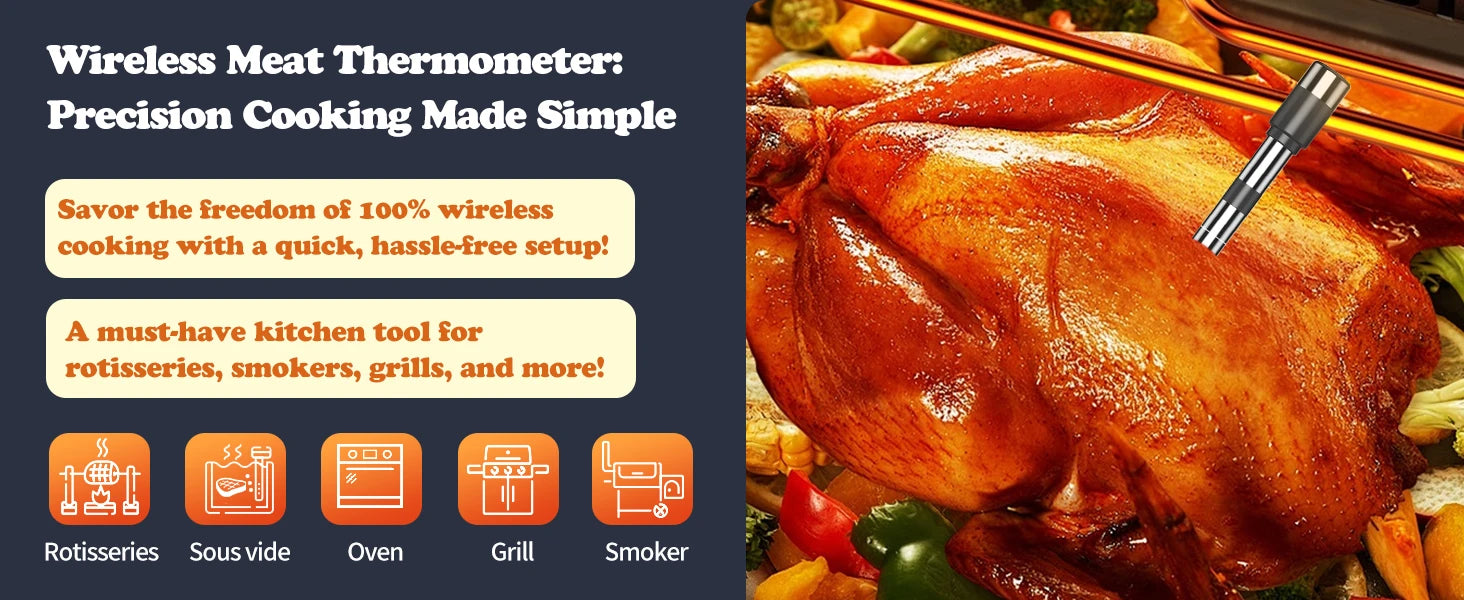 Wireless Meat Thermometer Digital Bluetooth Probe Thermometer Rechargeable with LCD Screen & Mobile APP for BBQ Oven Rotisserie
