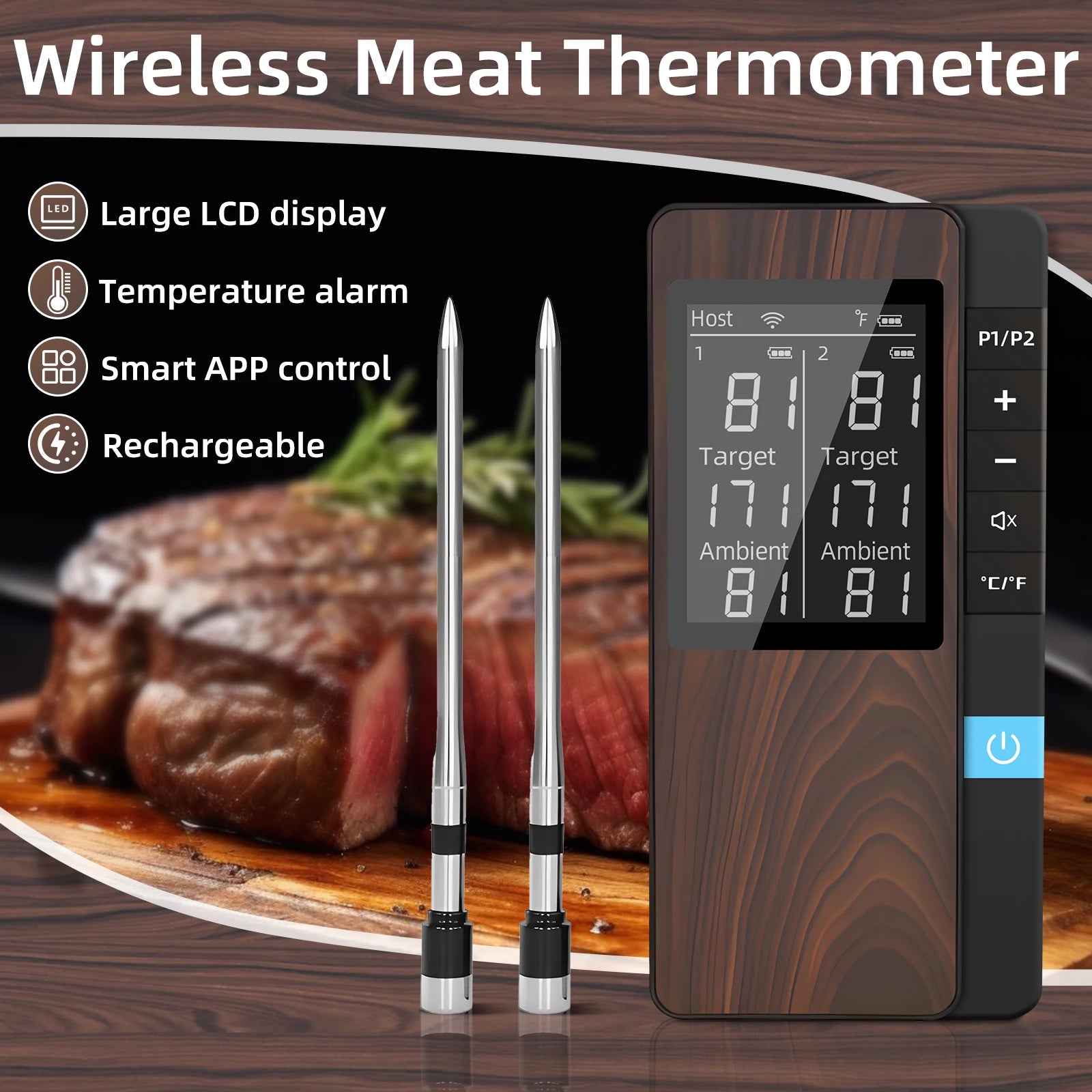 Wireless Meat Thermometer Digital Bluetooth Probe Thermometer Rechargeable with LCD Screen & Mobile APP for BBQ Oven Rotisserie