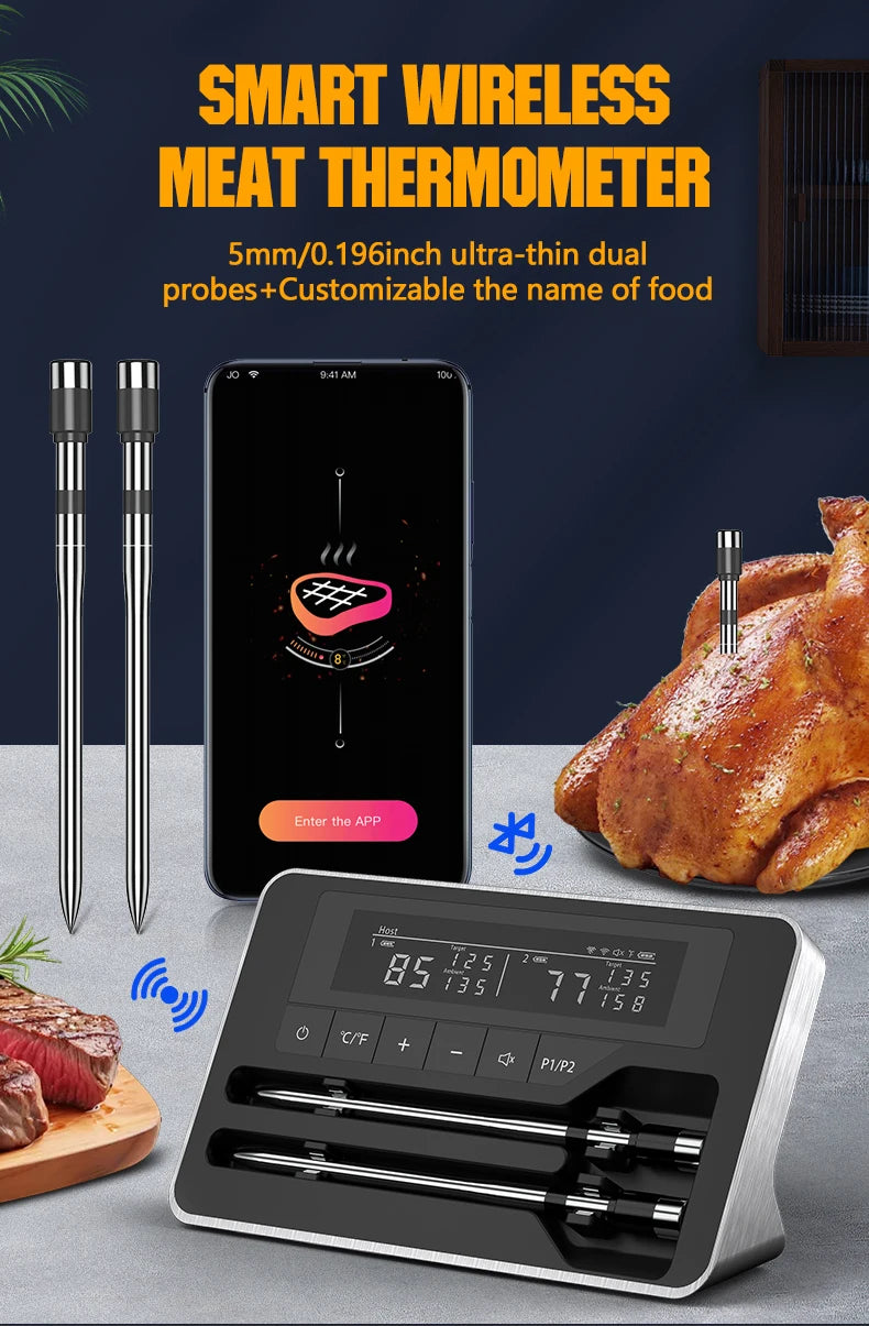 Meat Thermometer Wireless Probe Bluetooth Digital Food Thermometer Support Mobile APP With LCD Screen for Oven Smoker BBQ Grill