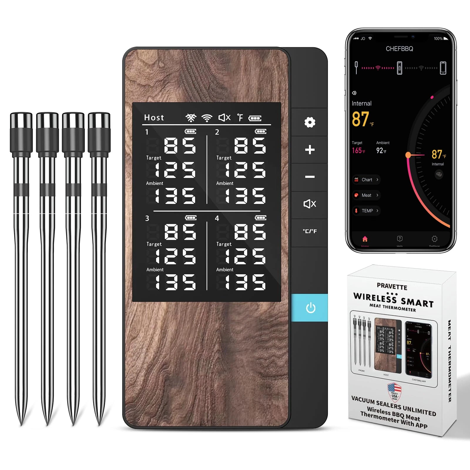 Wireless Meat Thermometer Digital Bluetooth Probe Thermometer Rechargeable with LCD Screen & Mobile APP for BBQ Oven Rotisserie