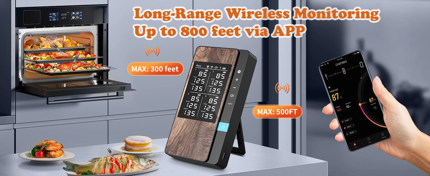 Wireless Meat Thermometer Digital Bluetooth Probe Thermometer Rechargeable with LCD Screen & Mobile APP for BBQ Oven Rotisserie