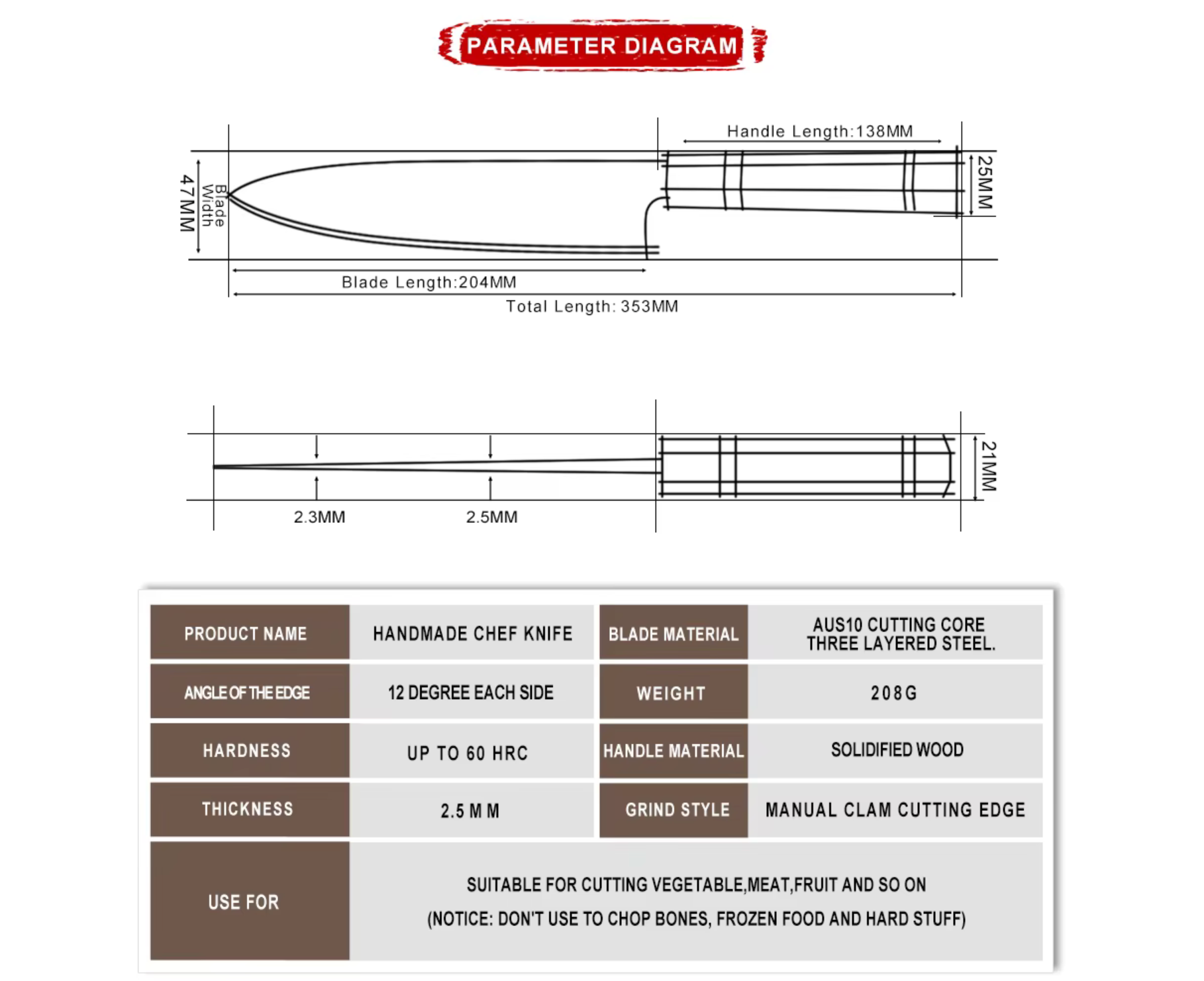 Technical diagram and specifications of a handmade chef knife on a white background