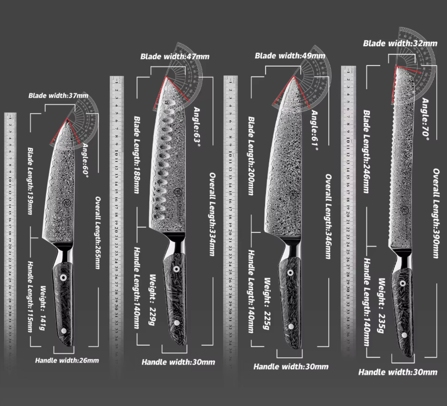 Ryuzen Kitchen Knife Collection - Premium 7-Piece Black Damascus Steel Set with Gift Box