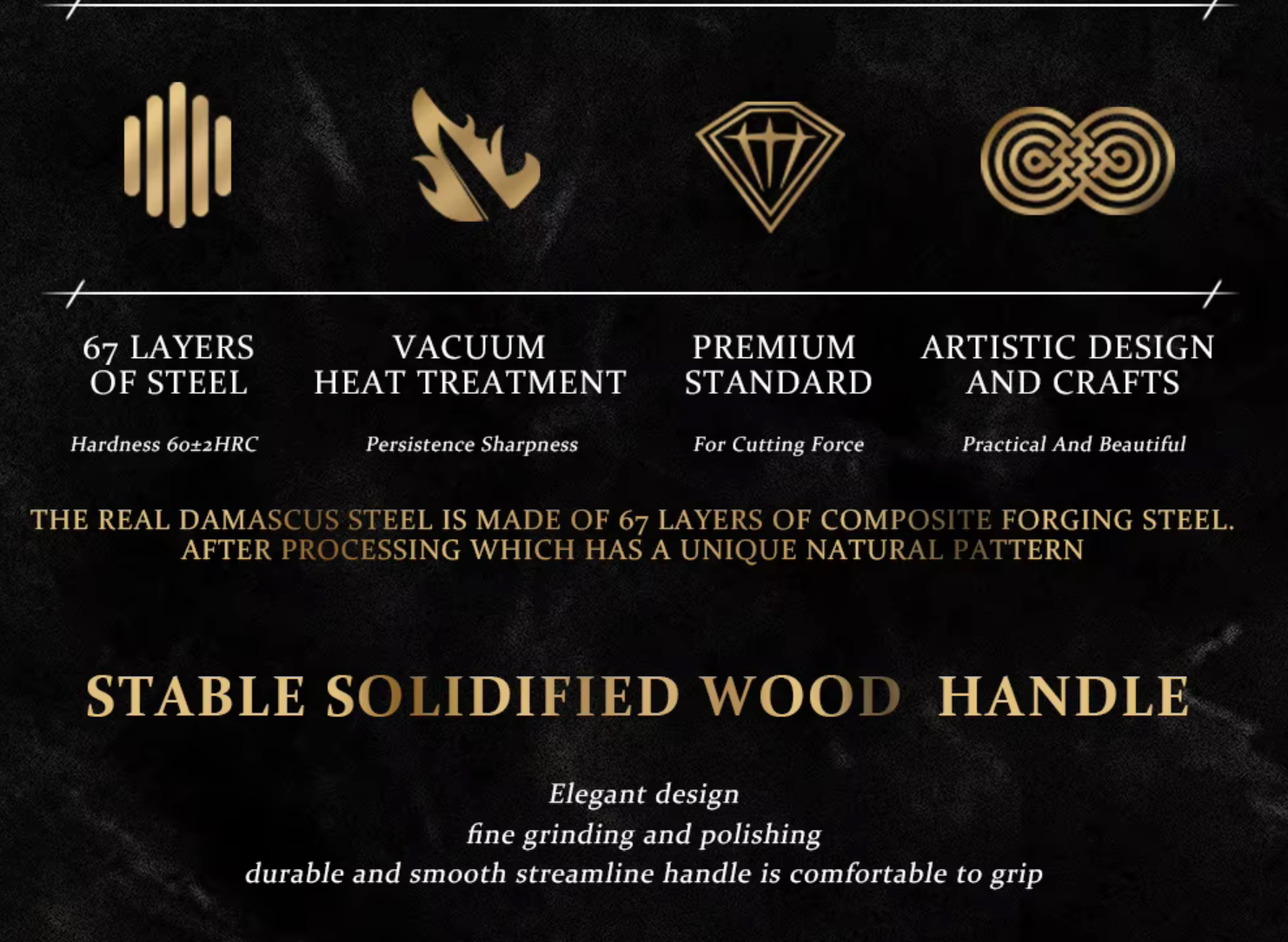 Product features with symbols and text on a dark background