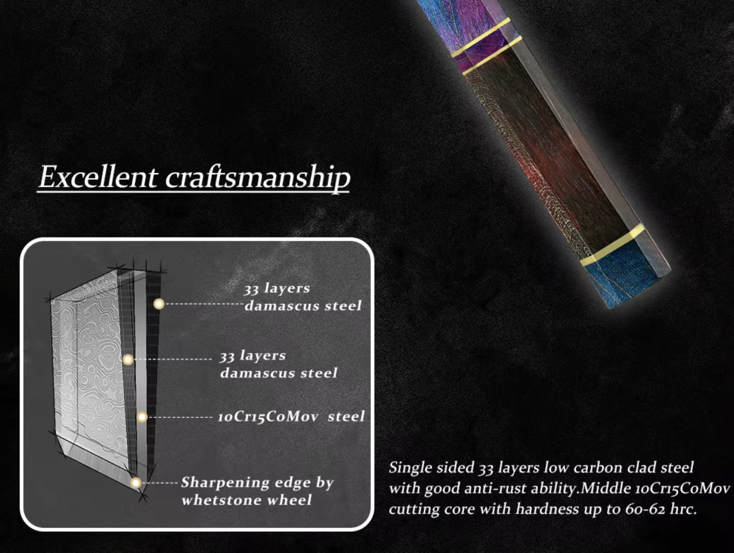 Pen with Damascus steel construction and text highlighting craftsmanship