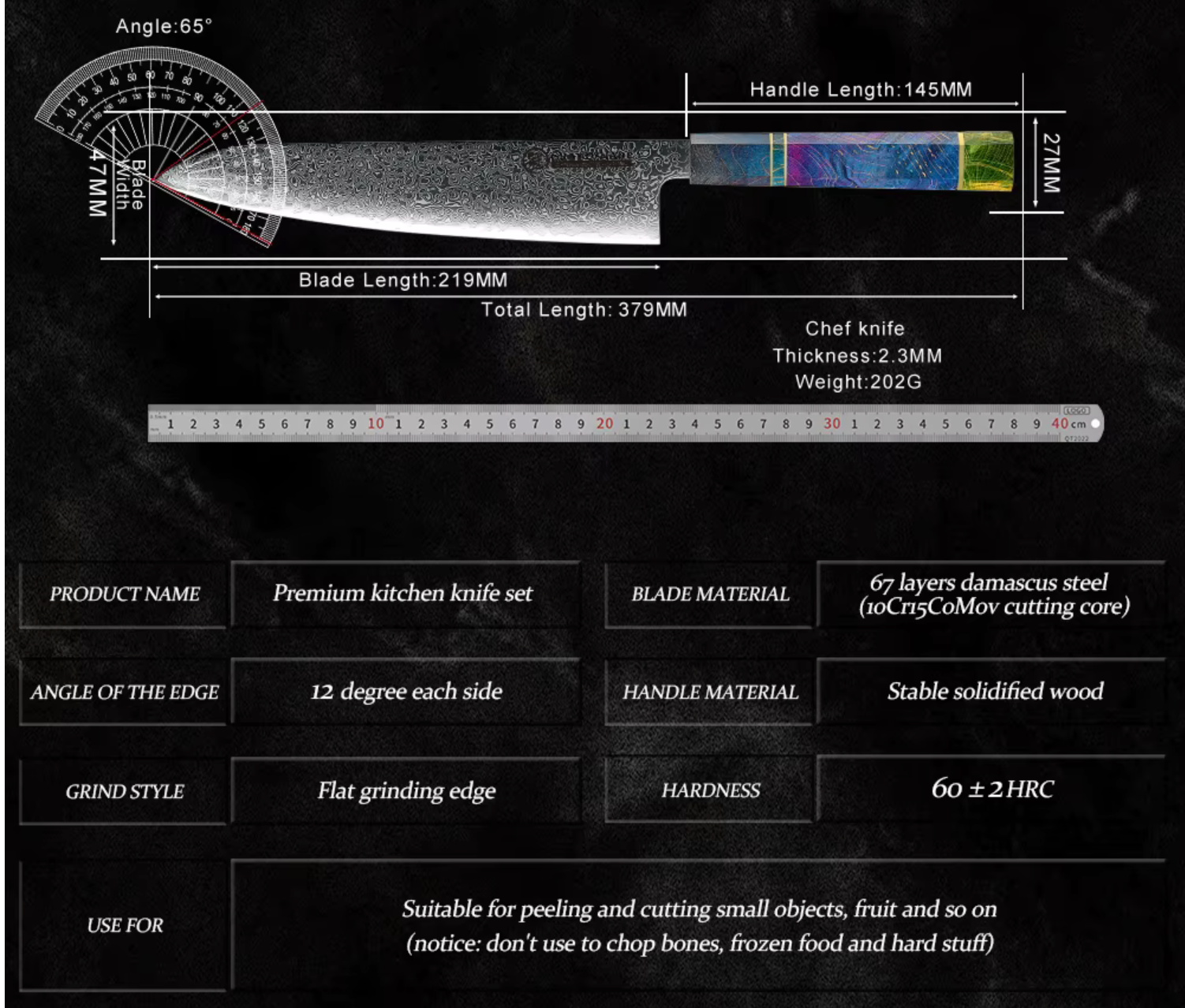 Detailed specifications of a chef knife on a black background