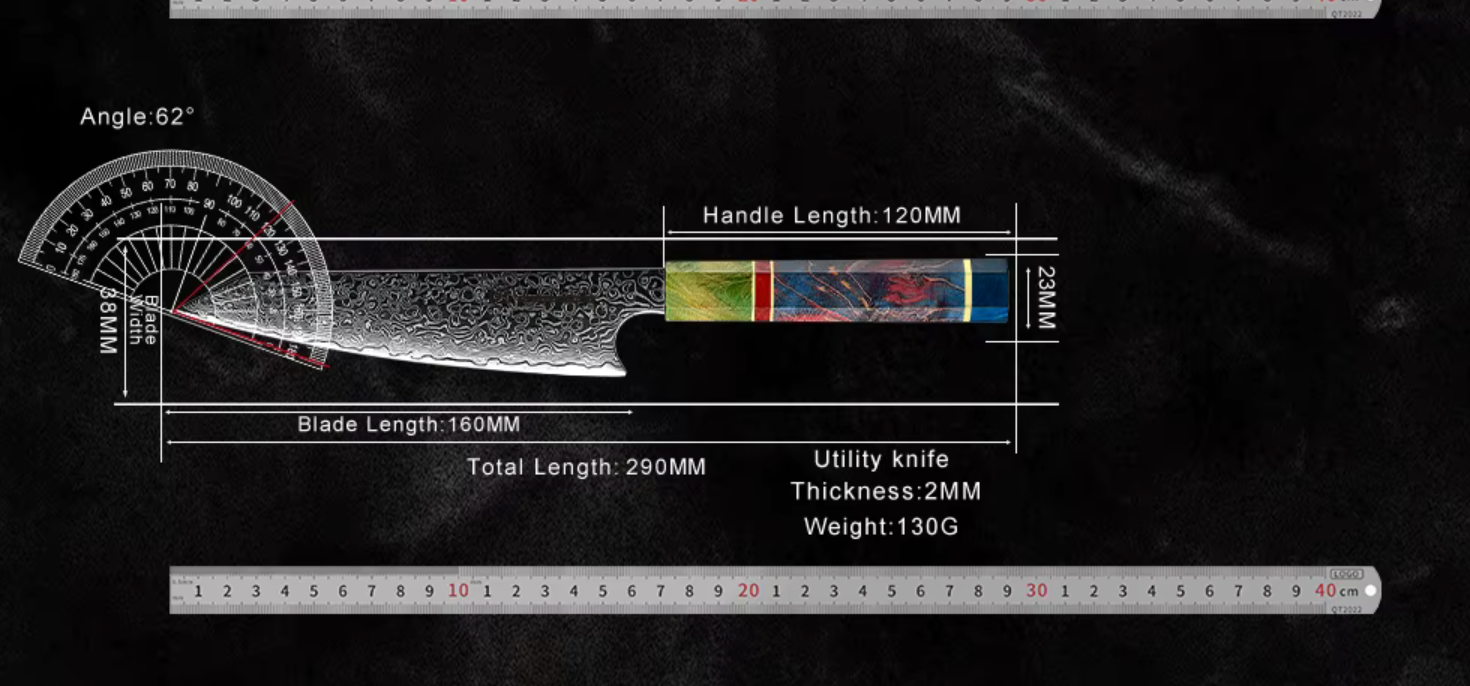 Technical diagram of a utility knife with measurements on a dark background