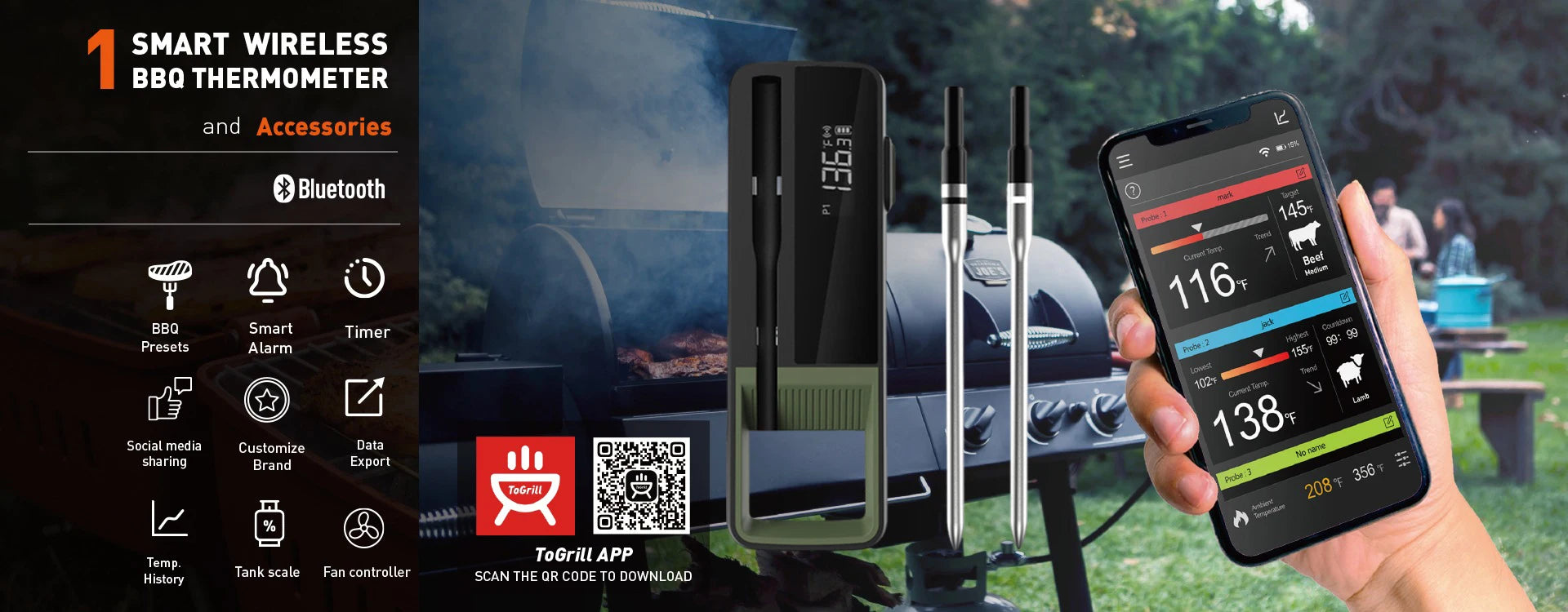 Wireless Bluetooth Meat Thermometer IP67 Waterproof Probes with LCD Screen Booster Rechargeable for Grilling Smoker BBQ Oven