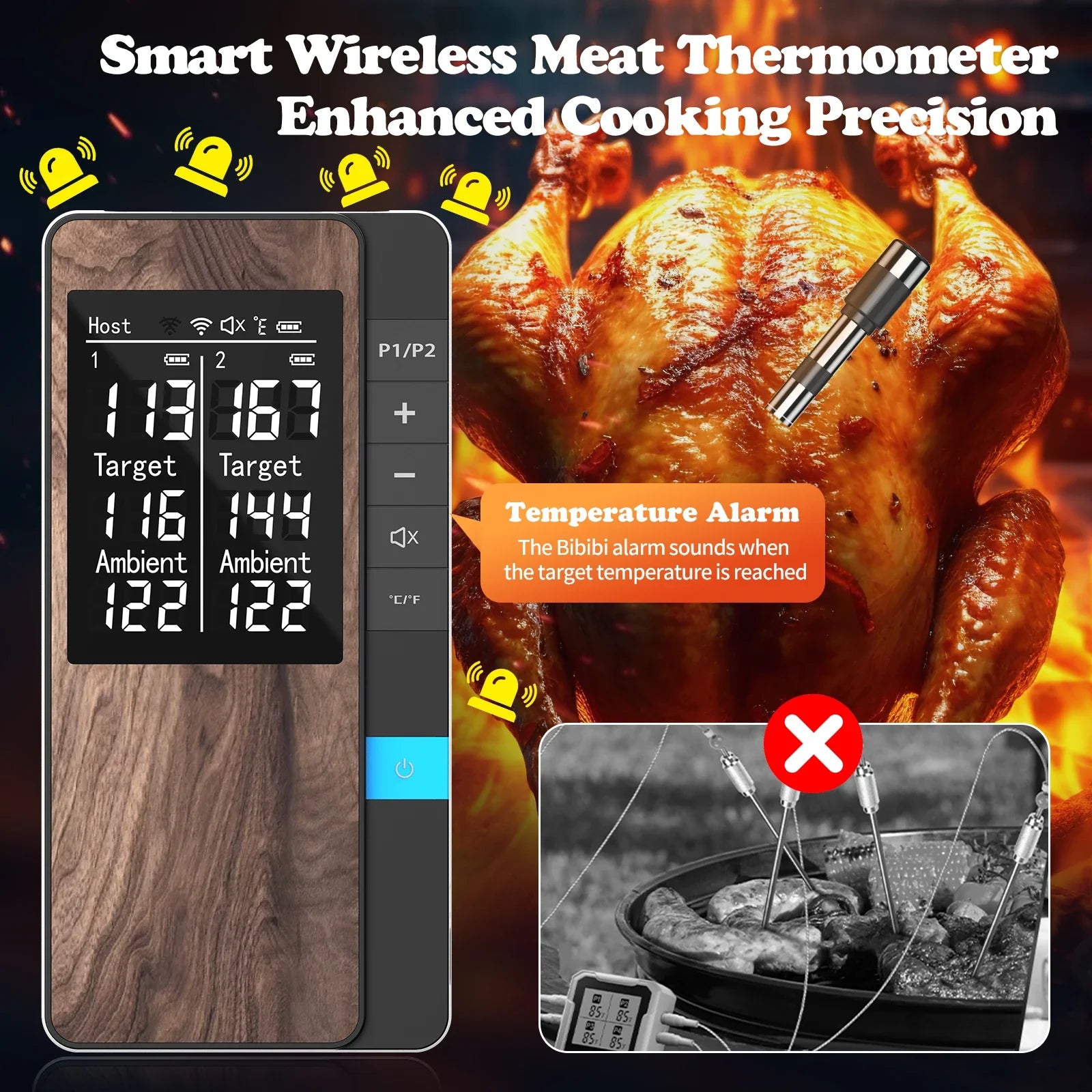 Wireless Meat Thermometer Digital Bluetooth Probe Thermometer Rechargeable with LCD Screen & Mobile APP for BBQ Oven Rotisserie