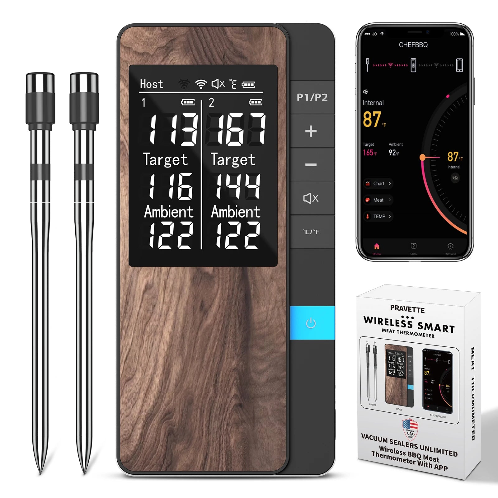 Wireless Meat Thermometer Digital Bluetooth Probe Thermometer Rechargeable with LCD Screen & Mobile APP for BBQ Oven Rotisserie