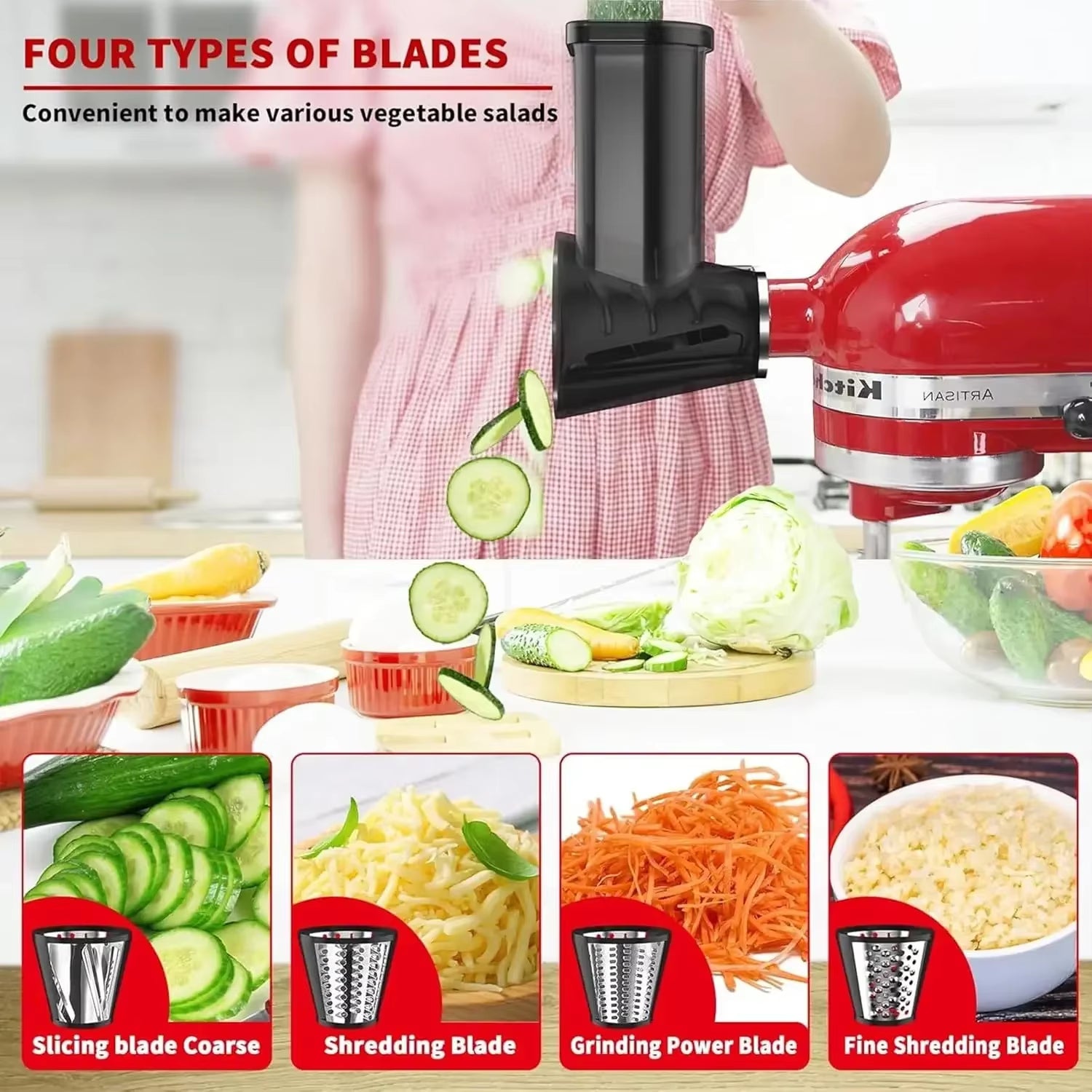 For Kitchenaid Stand Mixer Slicer Shredder Attachment for Kitchenaid Kitchen Aid, Slicer Attachment with 4 Blades