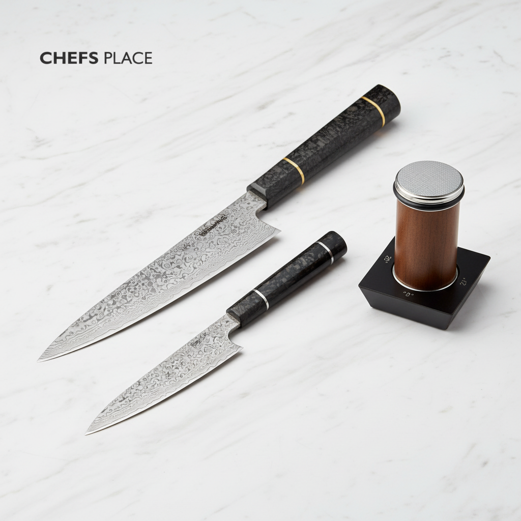 Two knives with black handles and a small brown container on a white surface, branded 'Chefs Place'.