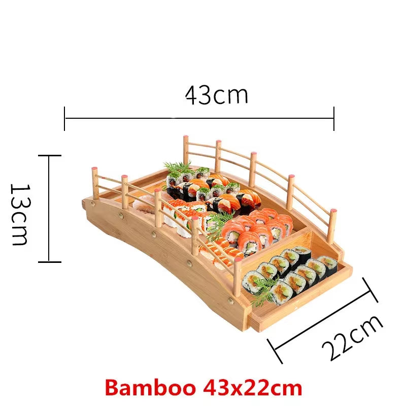Japanese Wooden Wood Cuisine Sushi Bridge Boats Pine Creative Sushi Sashimi Plate Platter Sushi Tableware Decoration Ornament