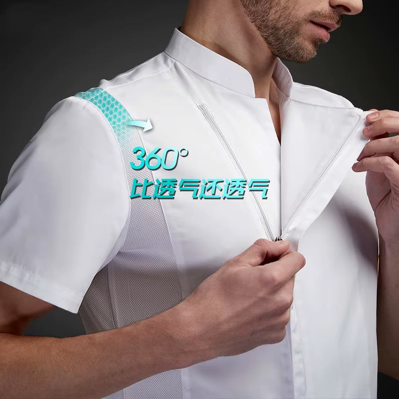 Short Sleeve Coat Chef Uniform Breathable Kitchen Cooking Jacket Restaurant Hotel Cafe Barber Shop Waiter Work Shirt Unisex
